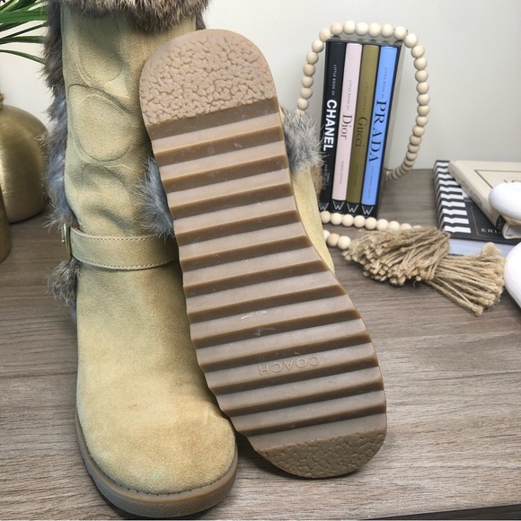 COACH Deeann Rabbit Fur Trim Camel/Tan Suede Leather Buckle Detail Long Boots 7 - Picture 9 of 9